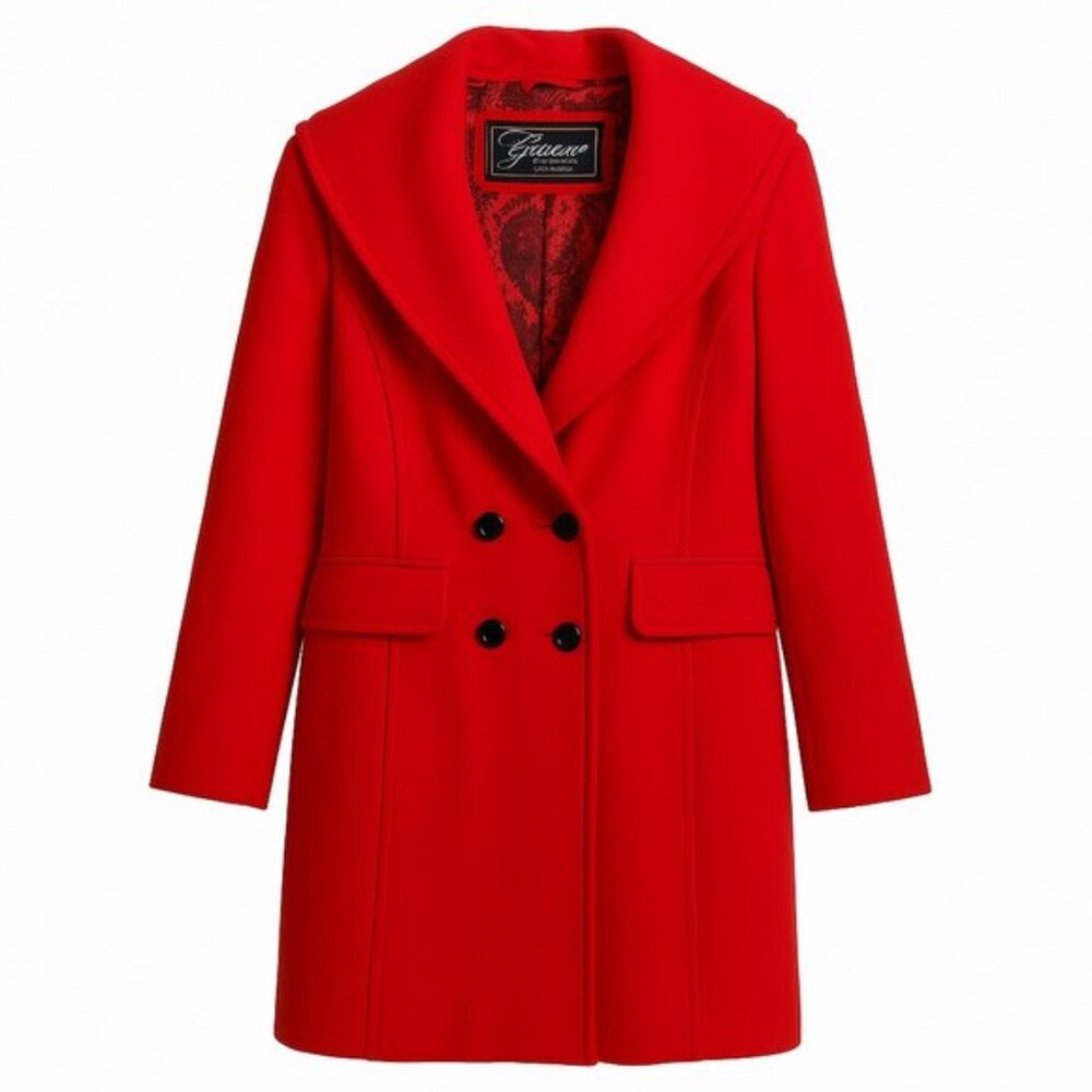 Guess Red Wool Blend Pea Coat L Double Breasted Mid Length, Lined, Vintage Style